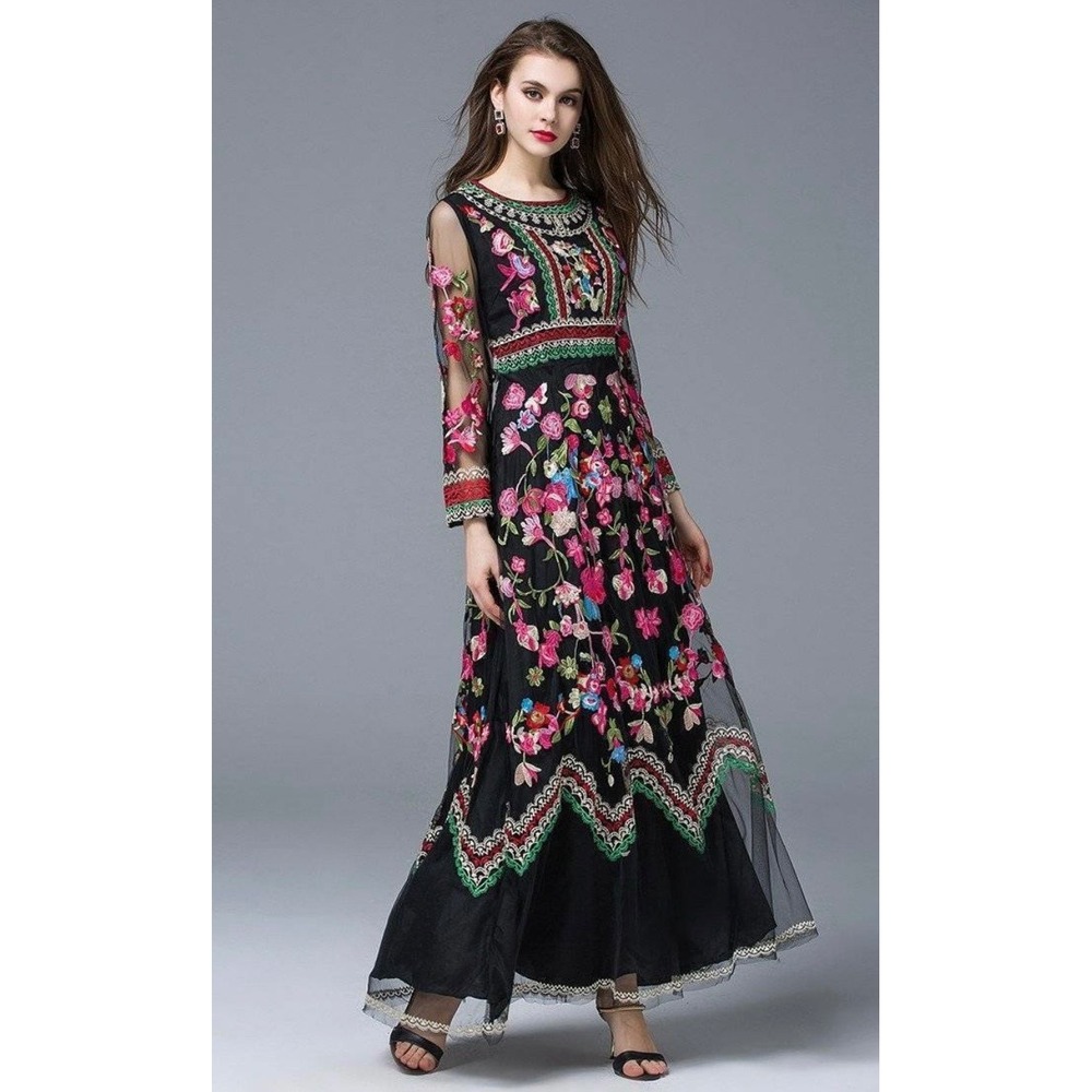 By Megyn Black Sheer Lace Floral Embroidered Maxi Dress Women's Size Medium Glam